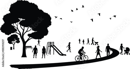 Park lifestyle silhouette illustration with people walking cycling and relaxing, urban nature scene isolated on white background design