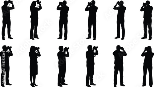 Photographer silhouette set capturing moments with professional camera isolated on white background, creative photography poses collection illustration vector