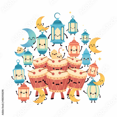 Cartoon Lanterns and Cupcakes with Smiling Faces.