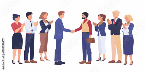 Business professionals celebrating a deal with a handshake and applause