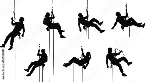 Rope access worker silhouette collection isolated on white background, industrial climber safety poses set for construction and rescue design