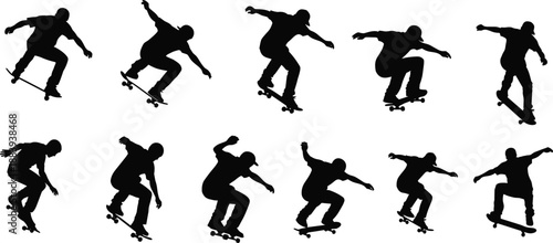 Skateboarder silhouette action collection isolated on white background, extreme sport skateboarding jump tricks poses set for urban design