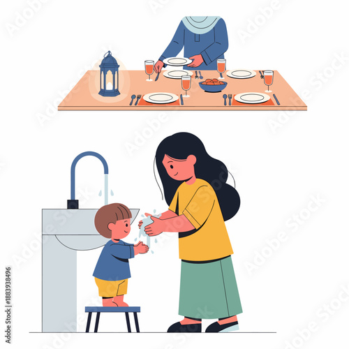 Mother washing childs face with water.