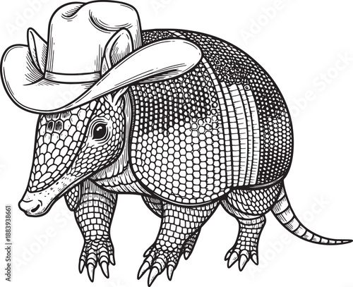 Detailed Black and White Armadillo Illustration Wearing a Classic Western Cowboy Hat