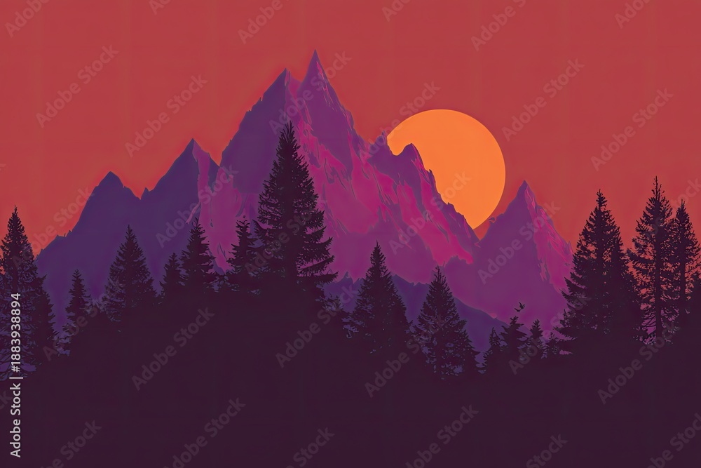 Fototapeta premium Silhouette of pine trees, jagged mountains, and a sunset in shades of red and purple