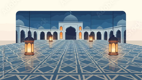 Islamic Mosque Courtyard with Lanterns and Architecture.