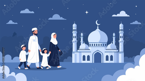 Family Walking Towards Mosque at Night.