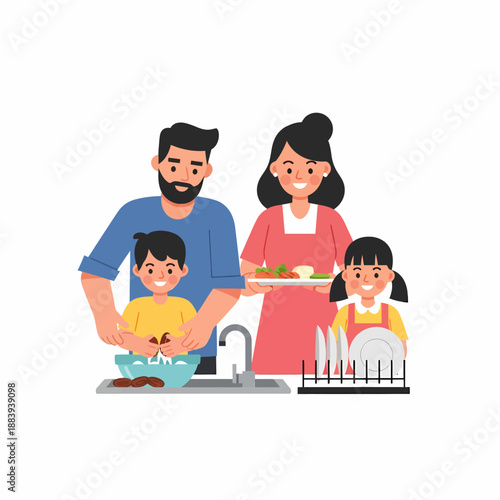 Family Washing Dishes Together Cartoon Illustration.