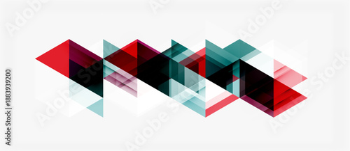 Abstract geometric shapes overlap, creating dynamic visual pattern. Red, black, teal hues dominate white background. Modern design.