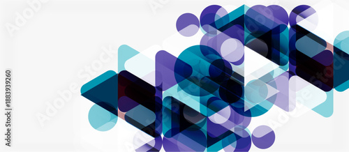 Abstract geometric shapes overlap, creating dynamic visual texture. Blue, purple hues dominate white background. Modern design element.