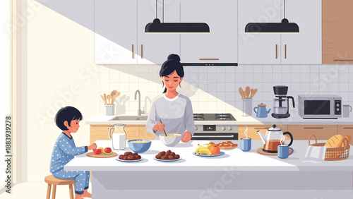 Mother and Child Cooking in Modern Kitchen.