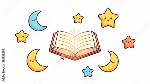 Open book with stars and moons.