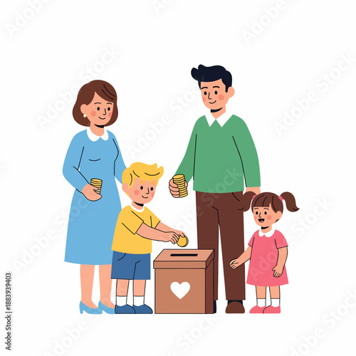 Family Donating Money to Charity Box Together.