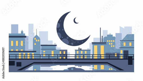 Crescent Moon Above Cityscape at Night.
