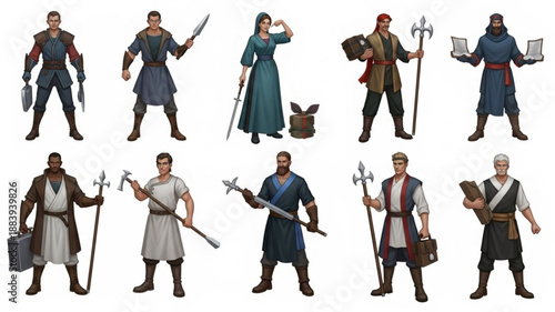 Fantasy characters set medieval warriors and mages illustration.