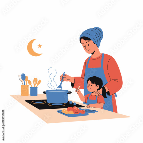 Mother Cooking with Daughter at Night.