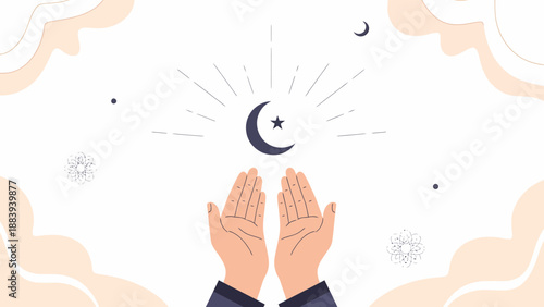 Prayer, crescent moon, hands.