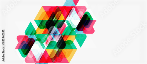 Abstract geometric shapes overlap, creating vibrant colorful pattern. Modern design utilizes transparency, layering for visual interest.