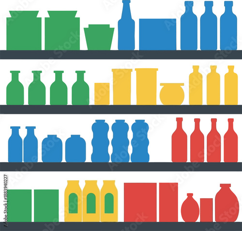 Colorful Flat Vector Illustration of Grocery Store Shelves with Bottles and Boxes for Retail Design