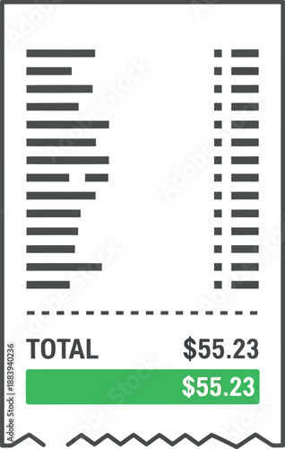 Vector illustration of printed receipt with total amount highlighted in green for finance and retail concepts
