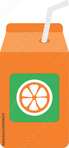 Orange juice box illustration with straw and citrus fruit icon, isolated on white background