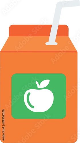 Colorful apple juice box illustration with straw for kids menu, healthy drink packaging, and school lunch designs