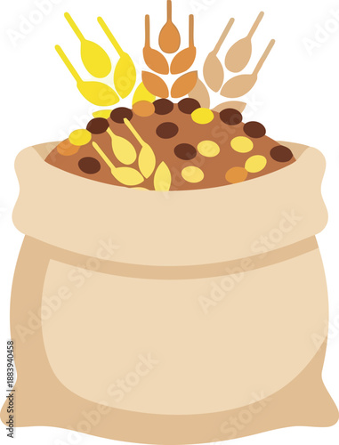 Vector illustration of burlap sack filled with assorted grains and wheat for agriculture and food concepts