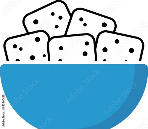 Vector illustration of blue bowl filled with square crackers or biscuits, isolated on white background