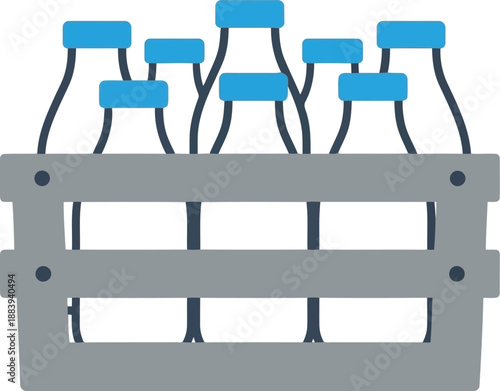 Vector illustration of glass milk bottles in a wooden crate with blue caps, flat design icon