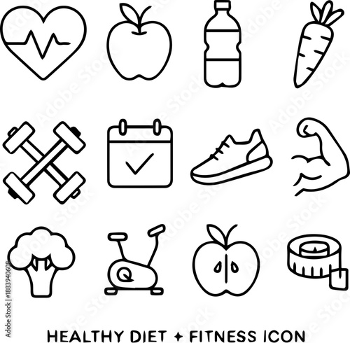 Diet Program and Healthy Lifestyle Line Icons