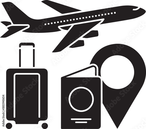Travel and tourism icon set with airplane, luggage, passport and location