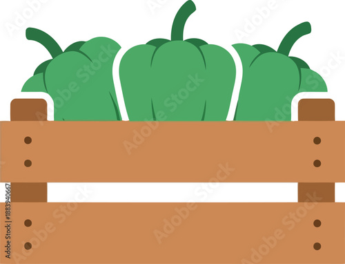 Fresh green bell peppers in wooden crate vector illustration for farmers market and organic produce concepts