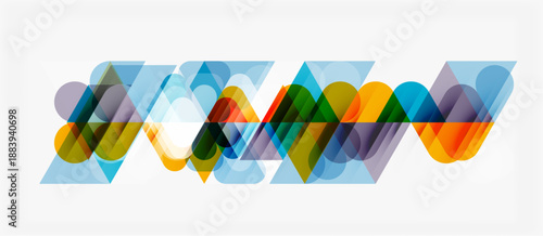 Abstract geometric composition. Overlapping translucent shapes create vibrant color patterns, dynamic visual flow. Modern design element.