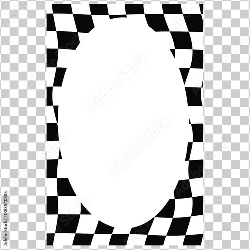 Energetic black and white checkered flag border with a dynamic wavy shape, enclosing a central oval frame, ideal for race-themed designs, sports events, and graphic element accents
