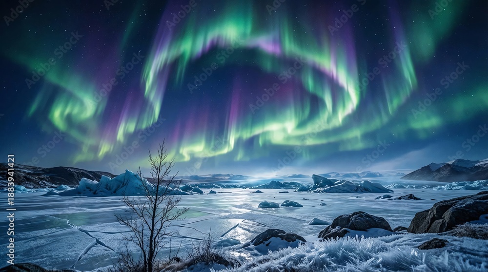 Fototapeta premium The breathtaking display of the aurora borealis illuminates the night sky above a serene winter landscape with snow-covered mountains and a frozen lake.