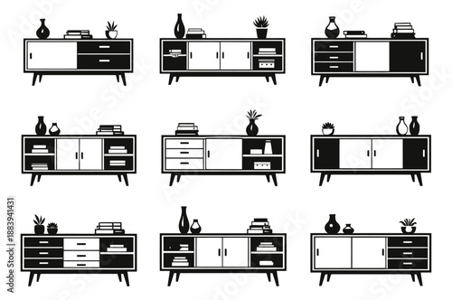 Mid century modern sideboard cabinets set featuring various storage designs with home decor for interior decoration
