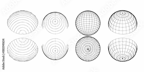 Arrangement of eight spherical shapes with varying internal line patterns