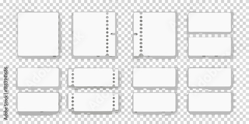 Collection of blank white paper sheets with varying sizes and tear lines
