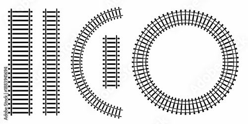 Illustration of model train tracks in straight curved and circular formations