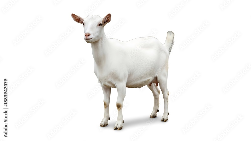 Obraz premium Stunning Full-Body Portrait of a Beautiful White Dairy Goat (Capra Aegagrus Hircus) Isolated on Clean White Background, High-Resolution Stock Image for Farming, Agriculture, and Natural Products