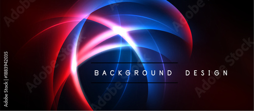 Abstract design features vibrant red, blue curves. Bright light emanates from center, creating dynamic visual effect. Dark background enhances luminosity.