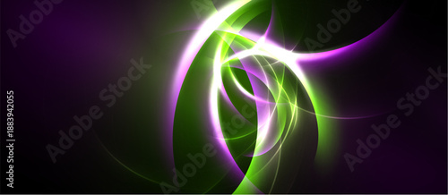 Abstract swirls, vibrant green, purple hues dominate dark background. Dynamic energy radiates from central focal point.
