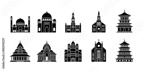 Collection of diverse architectural landmarks and iconic religious buildings from various cultures and traditions worldwide