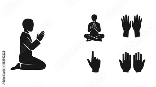 Silhouette icons representing prayer, meditation, and human hand gestures for communication and faith