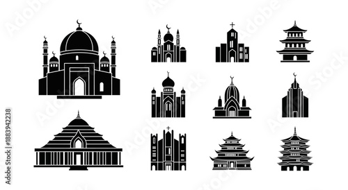 Embracing global spiritual diversity through a collection of stylized iconic architecture, representing various sacred places of worship and religious buildings worldwide