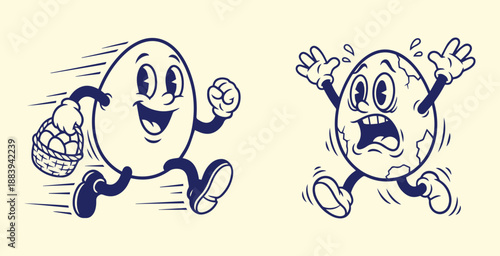 Playful cartoon illustration of two animated egg characters in a vintage line-art style, showing motion, humor, and contrast—one happy and running, the other cracked and panicking