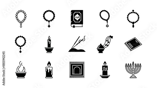 Collection of religious symbols and objects including prayer beads, candles, incense, books, and a menorah, representing various faiths