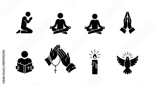 Set of religious symbols and icons depicting prayer, meditation, and faith
