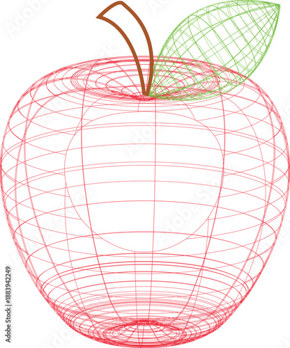 A stylized red apple with a green leaf and intricate grid lines is displayed.