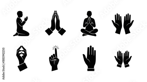 Set of Various Hand Gestures and Poses for Prayer, Meditation, and Communication Icons